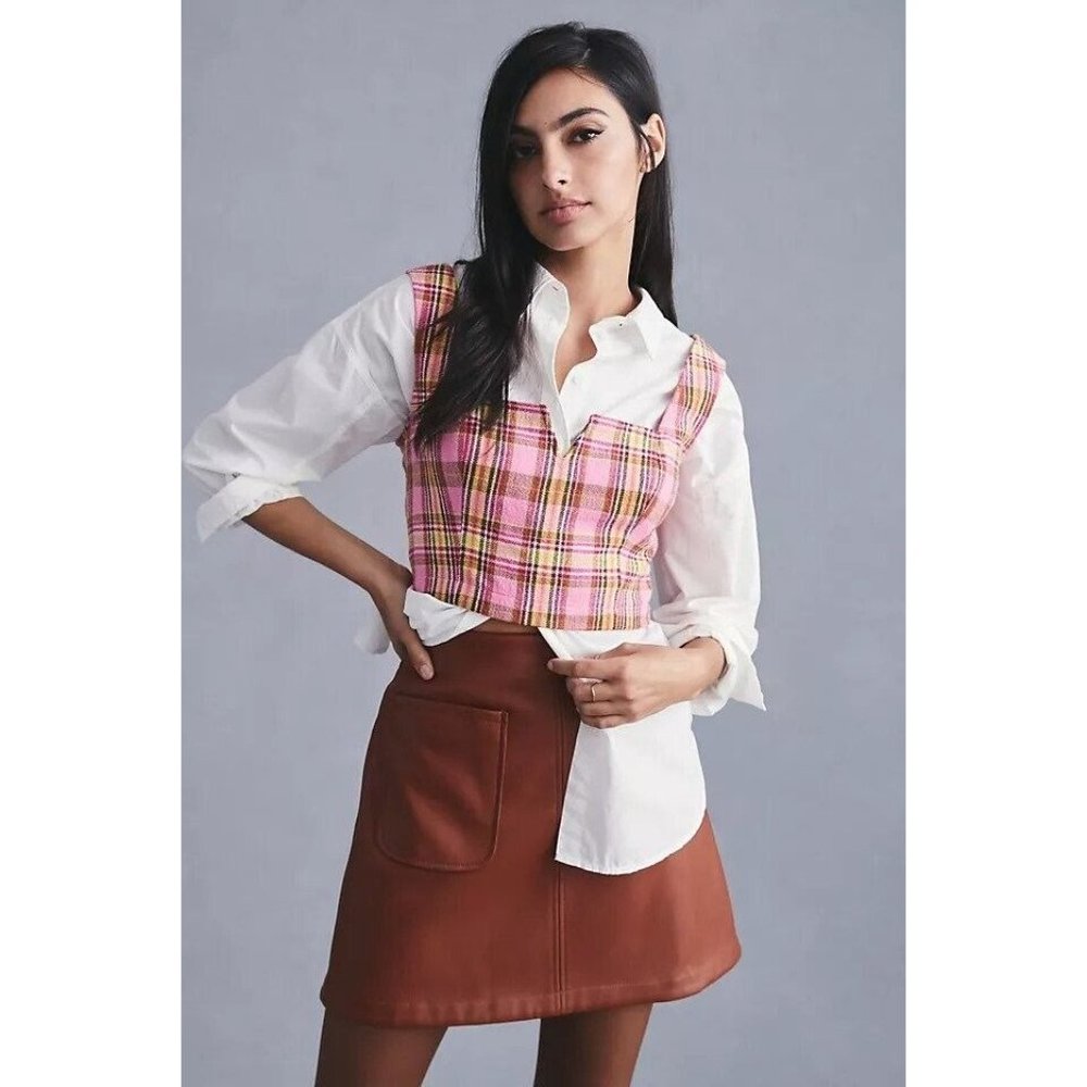 Anthropologie Maeve Sz 14 Women Structured Pink Plaid Corset Crop Top NWT